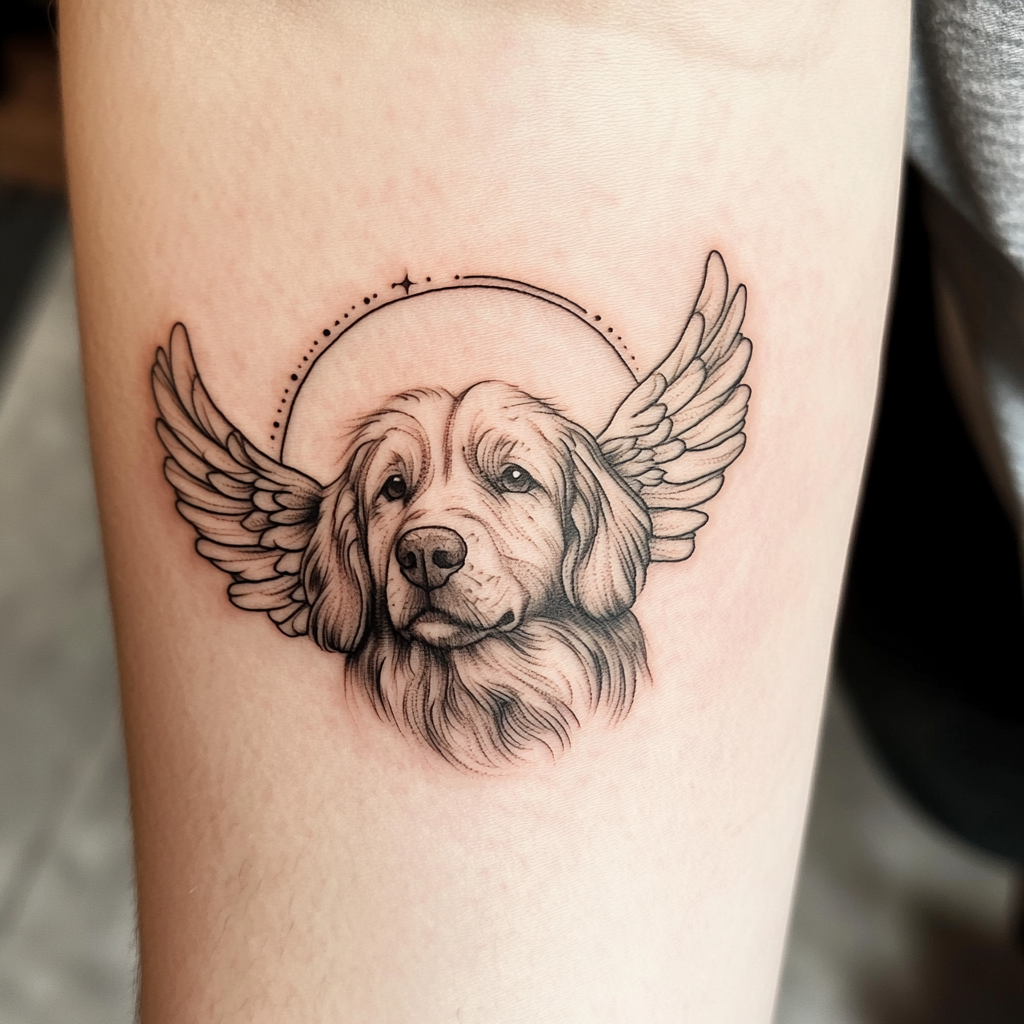 Angel wings and halo dog memorial tattoos