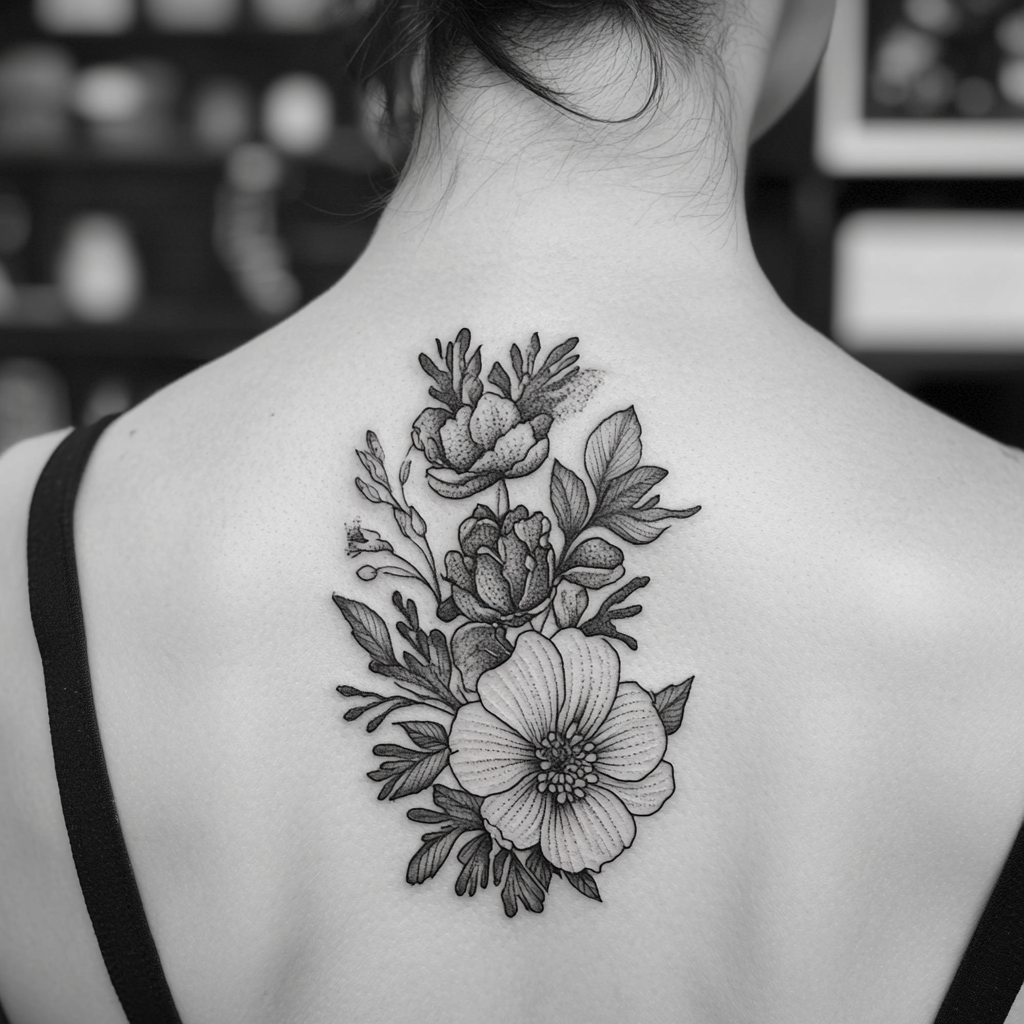 Single-line birth flower tattoos