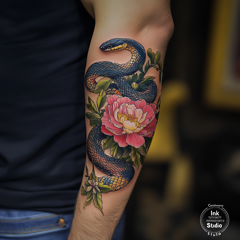 Snakes with peonies Tattoos