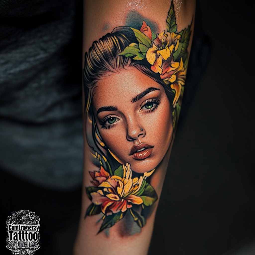 Portrait on inner forearm tattoo