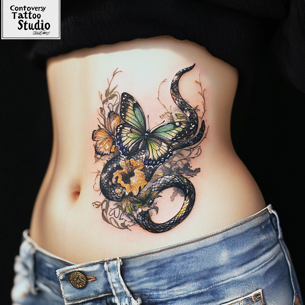 Animal motifs make powerful stomach tattoo