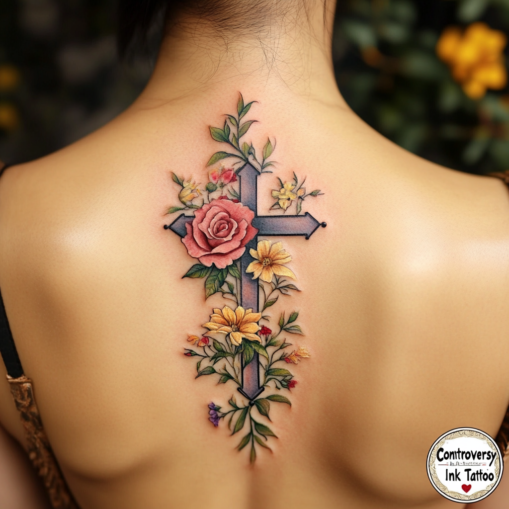 Floral cross tattoos