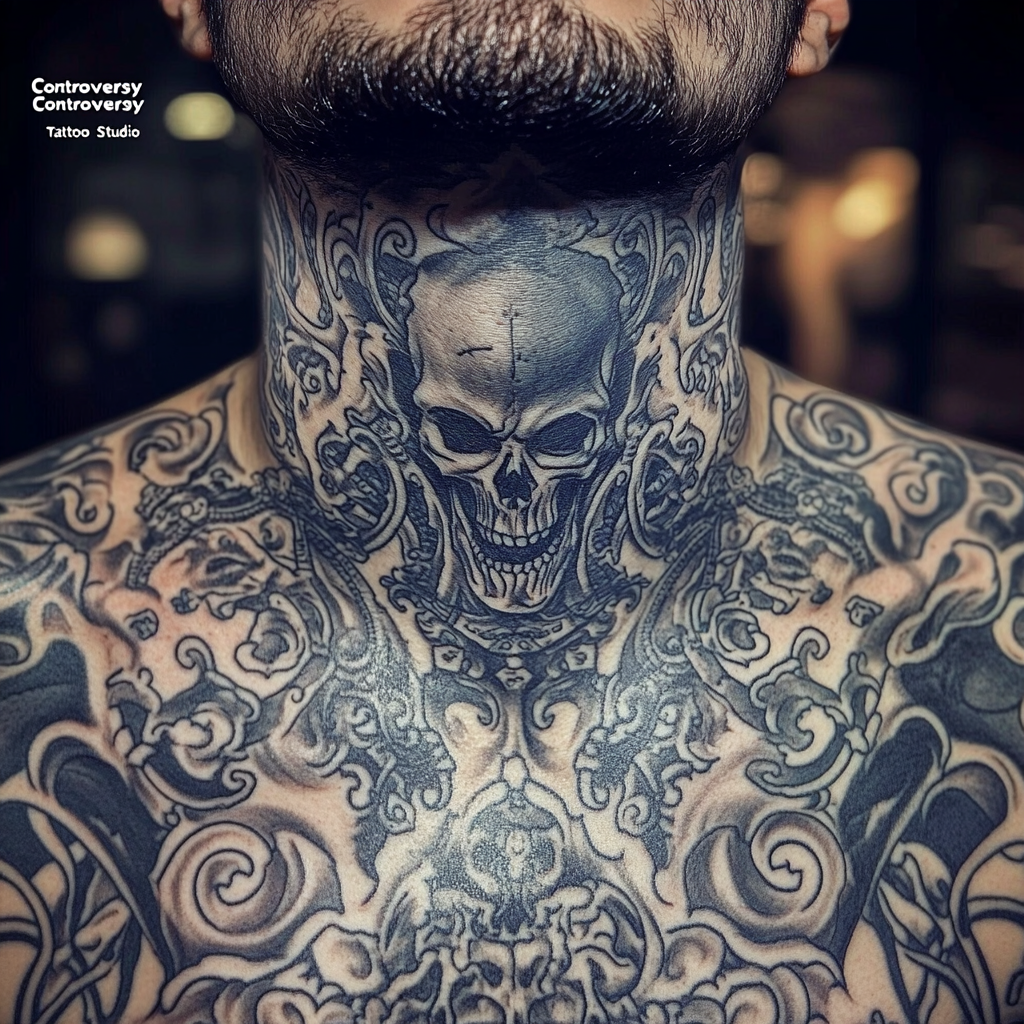 Neck and hand tattoos