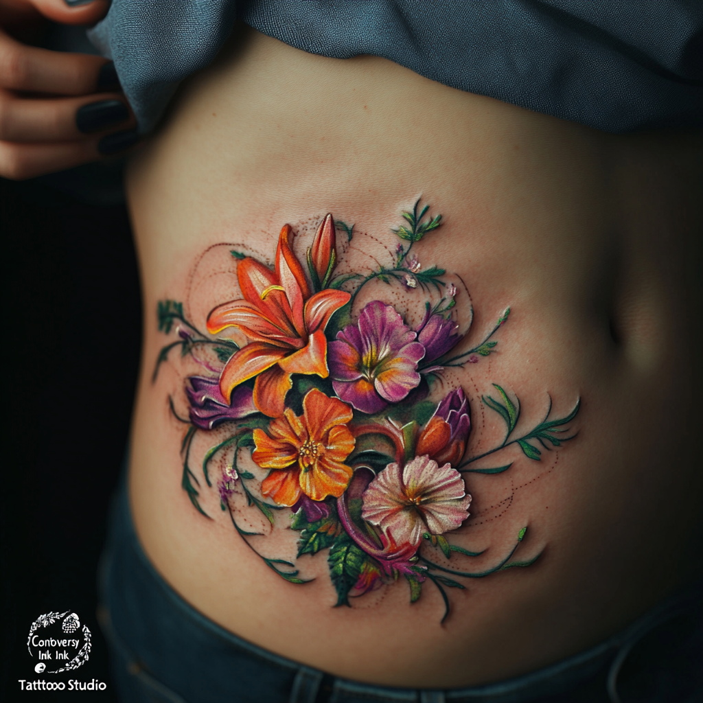 Watercolor stomach tattoos