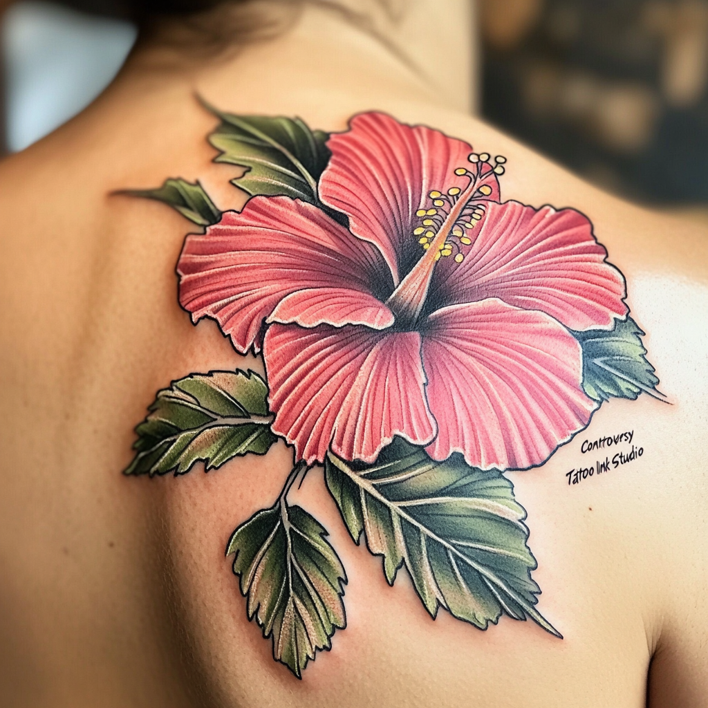 Red and pink hibiscus flower tattoos