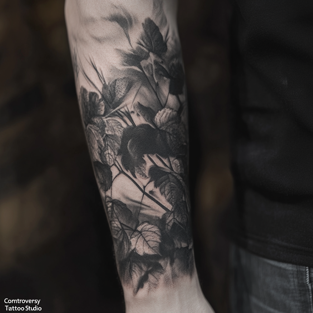Nature scenes with intricate shading on craftsman's forearm tattoo