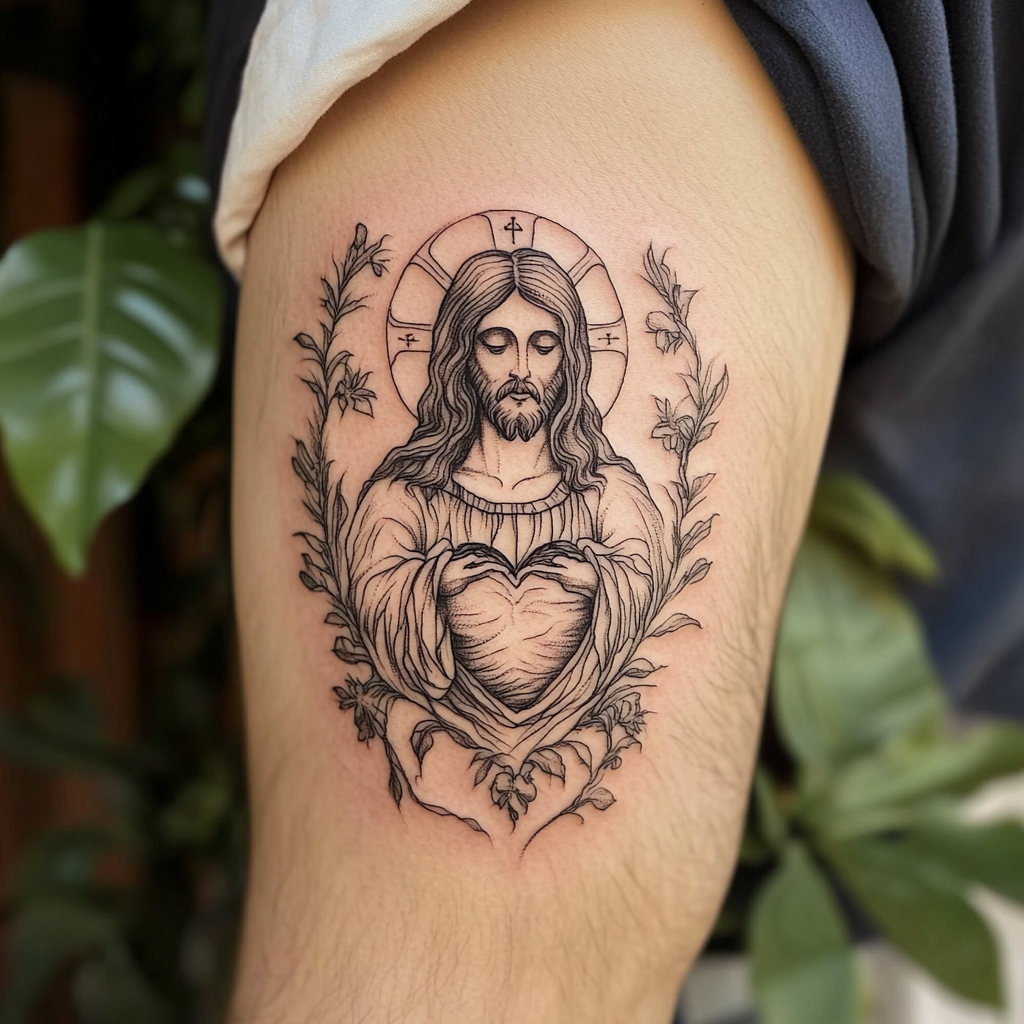 The Sacred Heart tattoo symbolizes Christ's