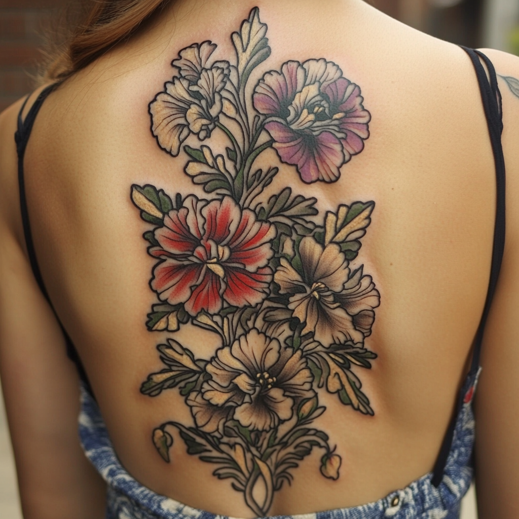 Traditional birth flower tattoos feature bold black outlines