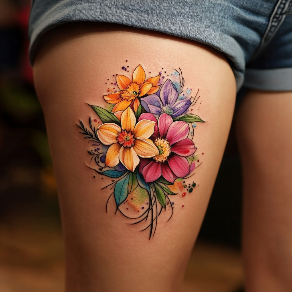 Watercolor birth flower tattoos capture the fluid