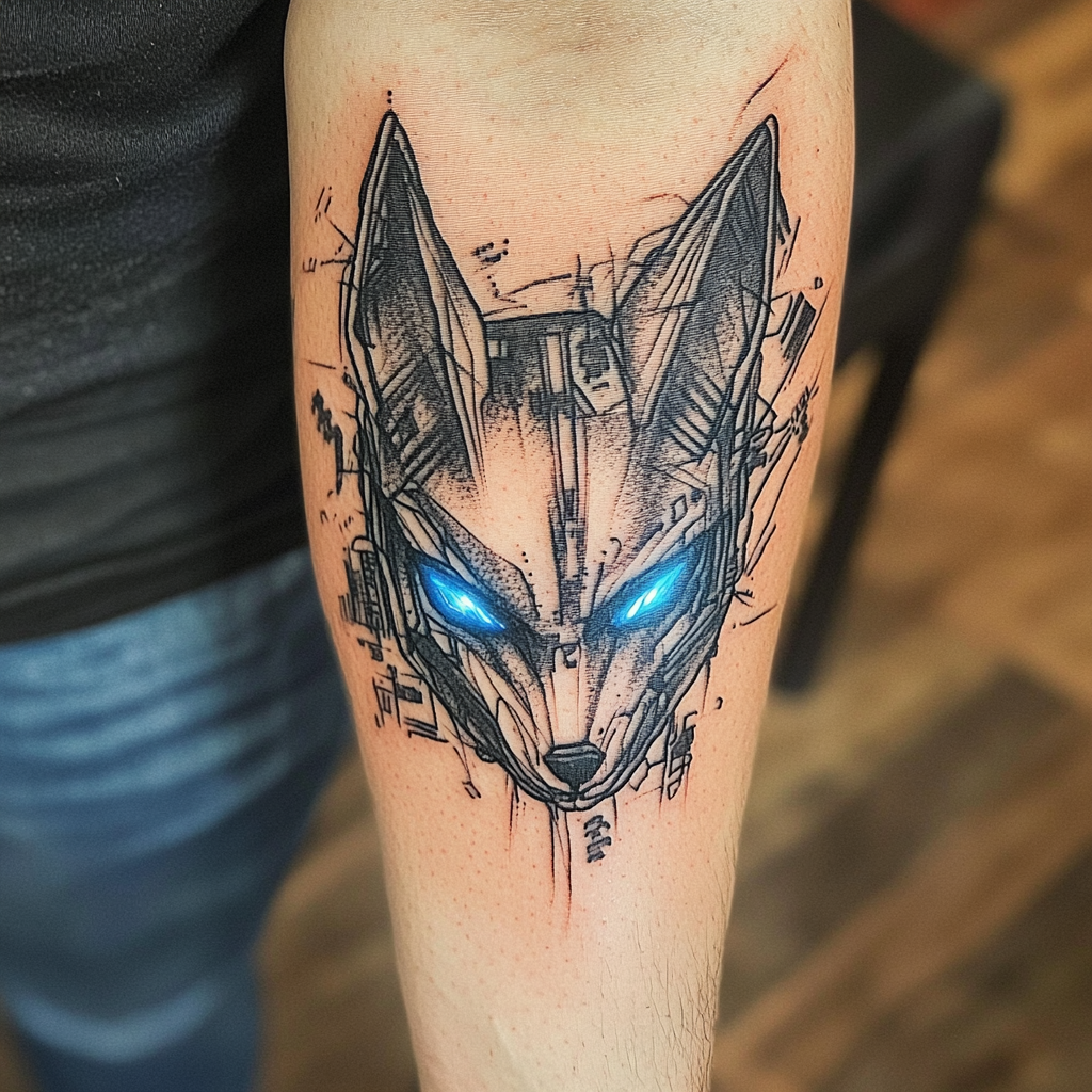 A tattoo of stylized fox on the Outer forearm