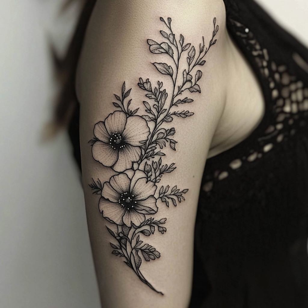 Blackwork botanical upper arm tattoos