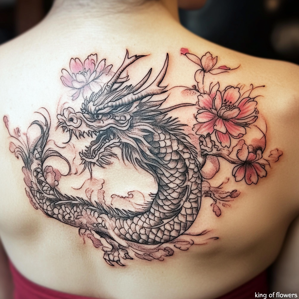 Cherry blossoms (sakura) pair beautifully with Japanese dragon tattoos