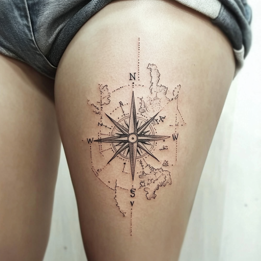 Compass and map thigh tattoos
