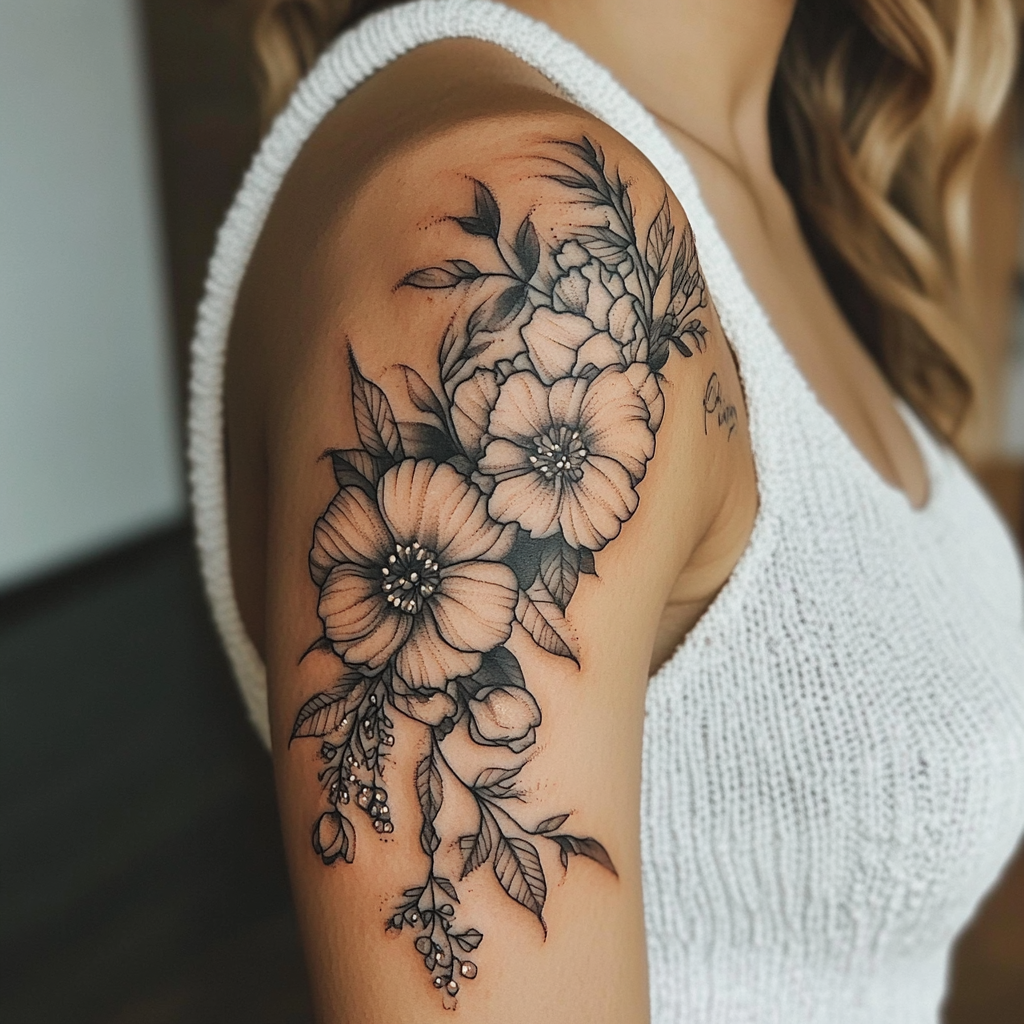 Floral and botanical upper arm tattoos for women