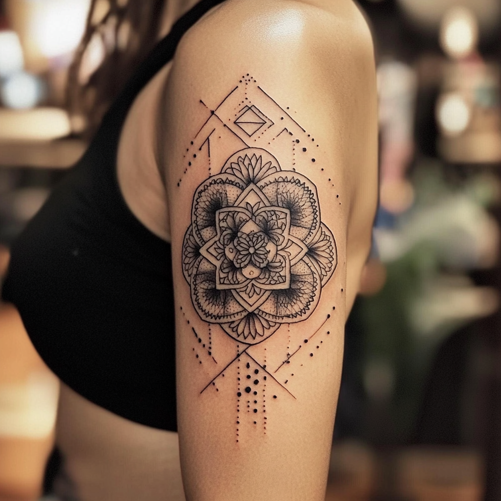 Geometric pattern tattoos for women's upper arms