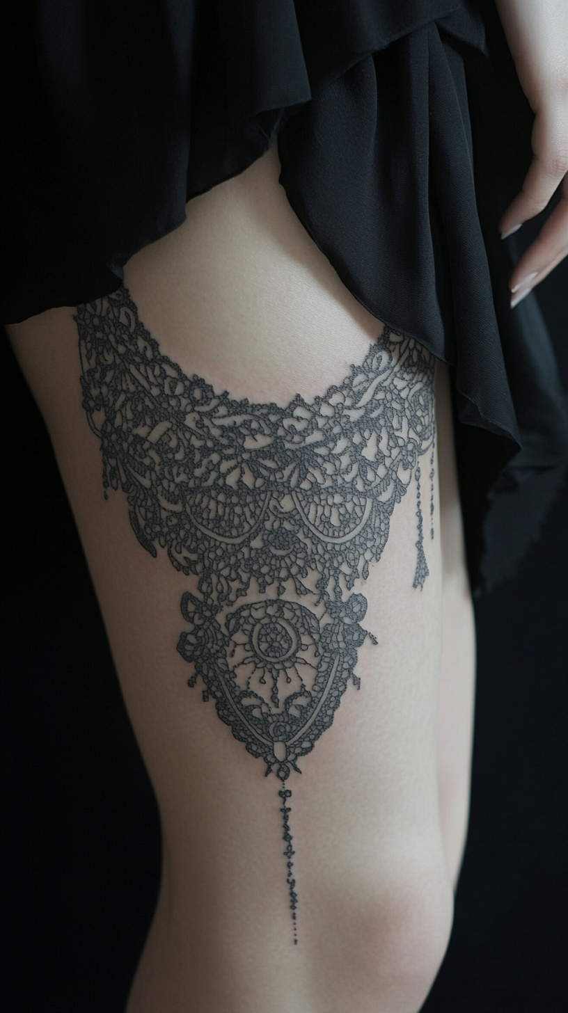 Lace-inspired thigh tattoos