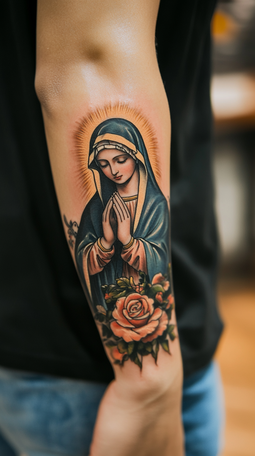 Arm and Sleeve Virgin Mary Tattoos