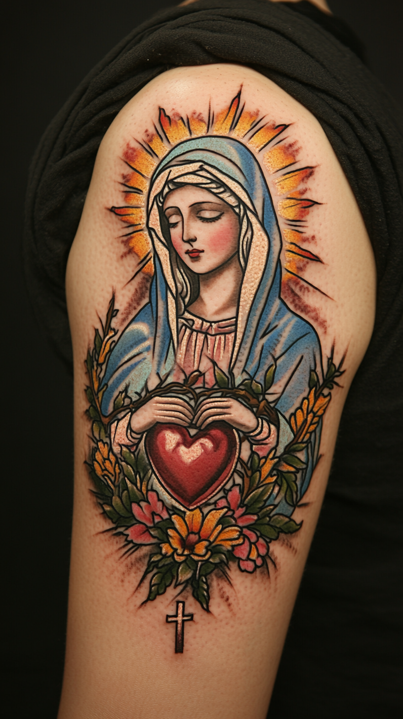 Virgin Mary with Sacred Heart Tattoos