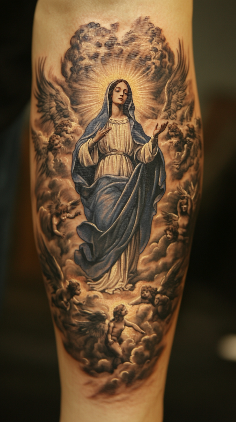 Virgin Mary with Angels Tattoo Design