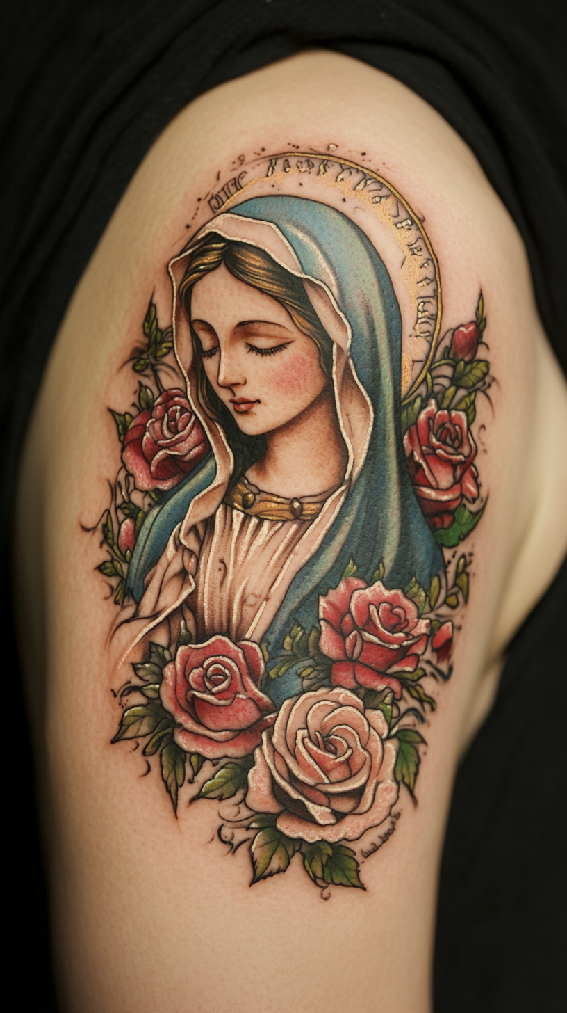 Virgin Mary with Scripture Tattoos