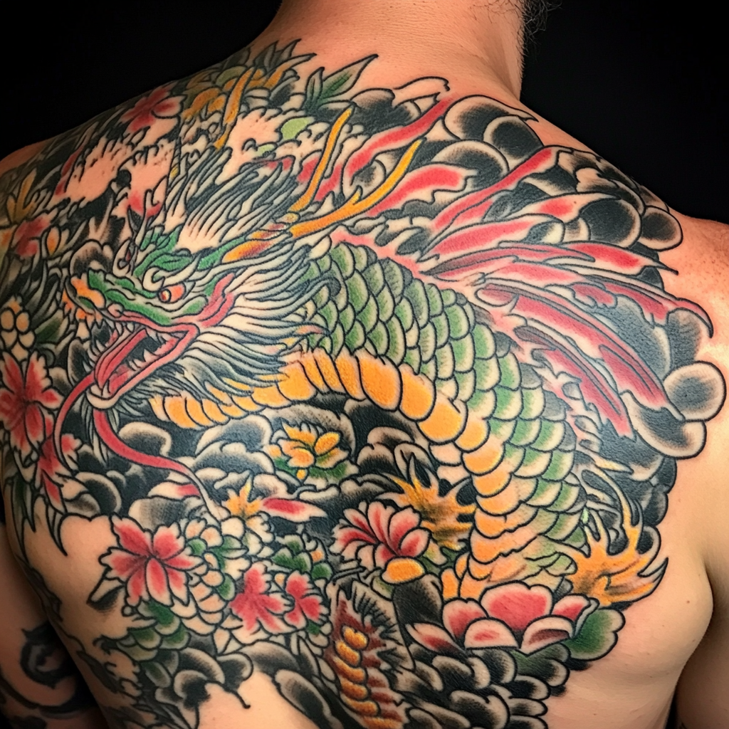 Clouds and water elements enhance Japanese dragon tattoos