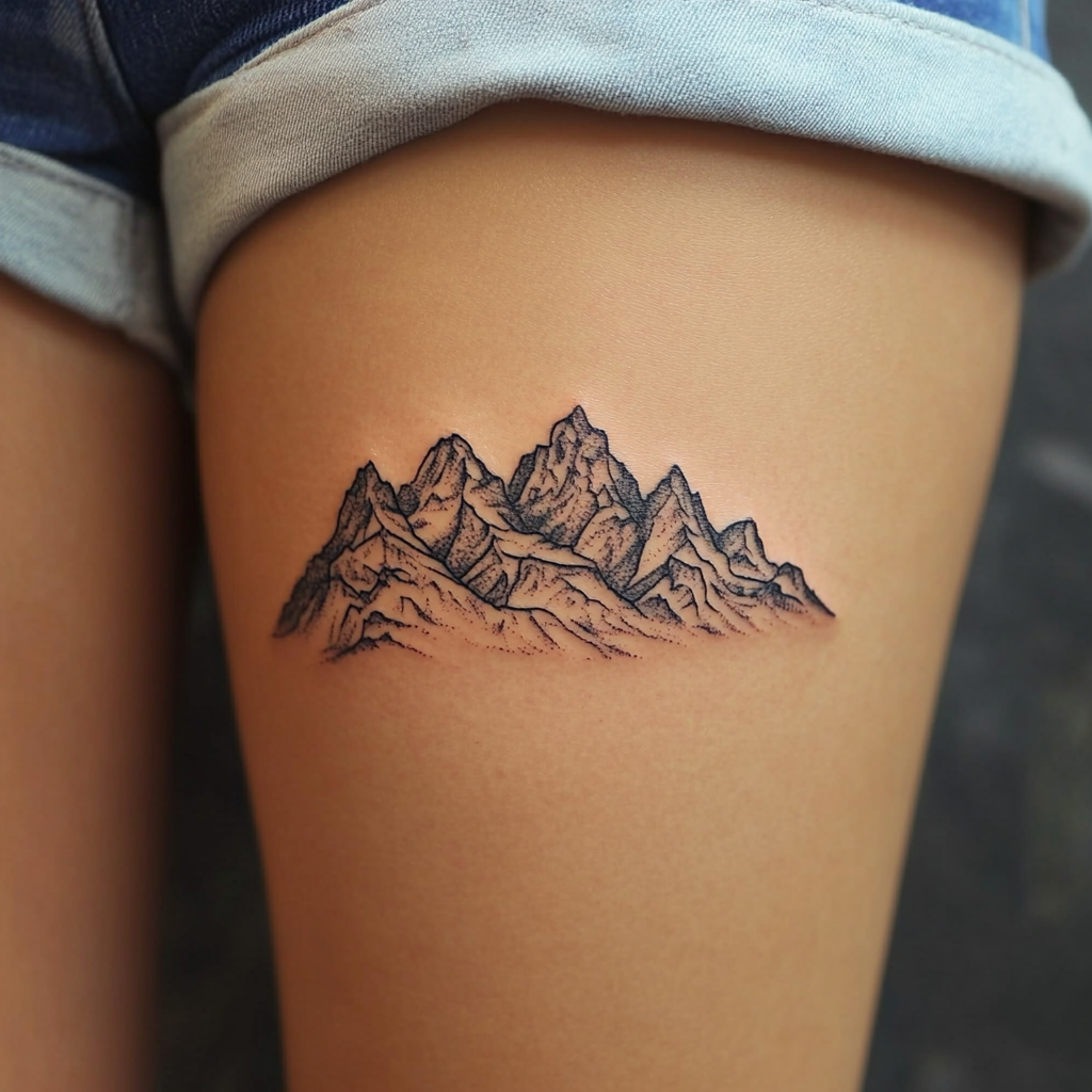 Mountain range silhouettes make stunning thigh tattoos