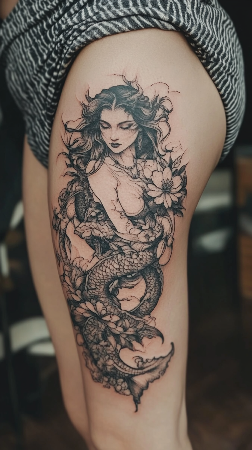 Mythological thigh tattoos