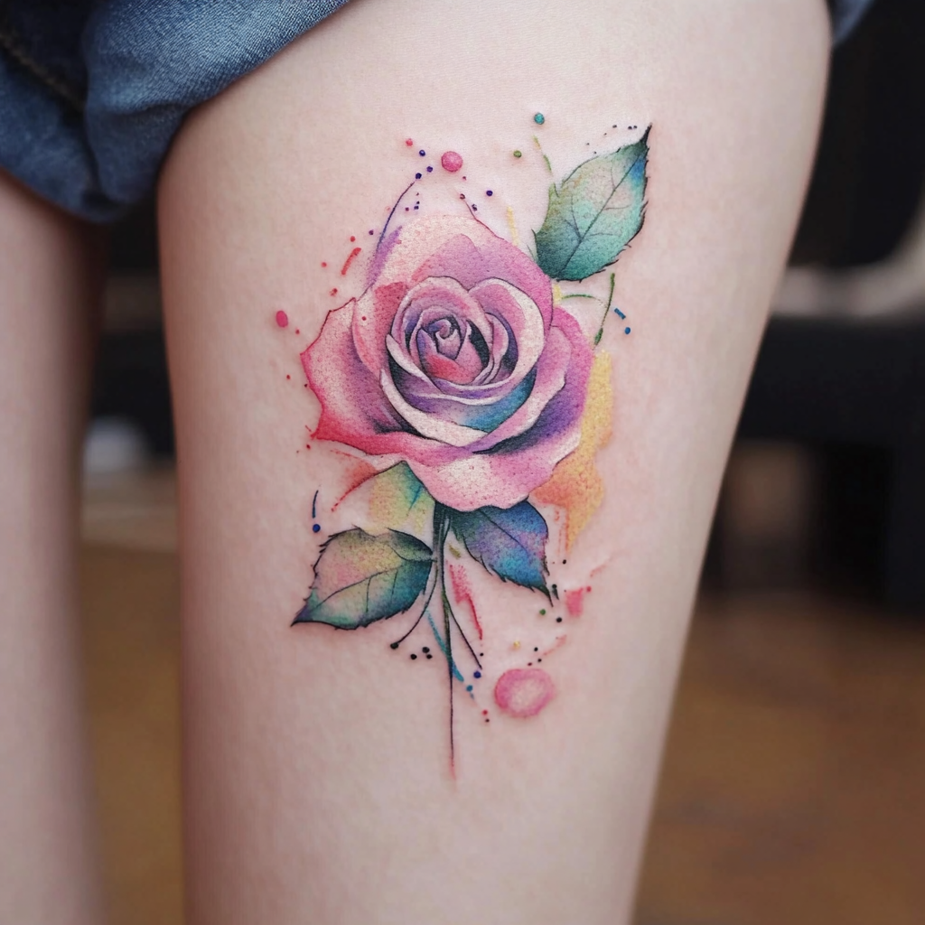 Watercolor thigh tattoos