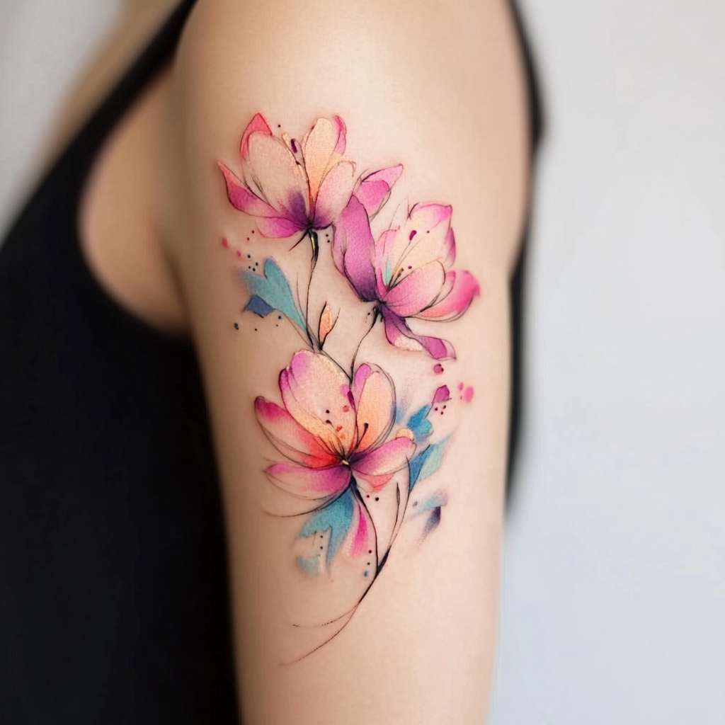 Watercolor upper arm tattoos for women