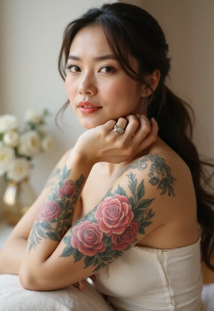 29+ Arm Sleeve Tattoos For Women: Trendy & Bold Ideas - 1. Elegant Rose Sleeve