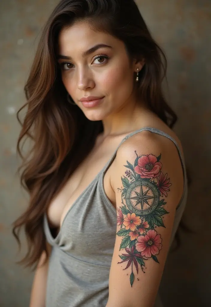 29+ Arm Sleeve Tattoos For Women: Trendy & Bold Ideas - 16. Floral Compass Tattoo