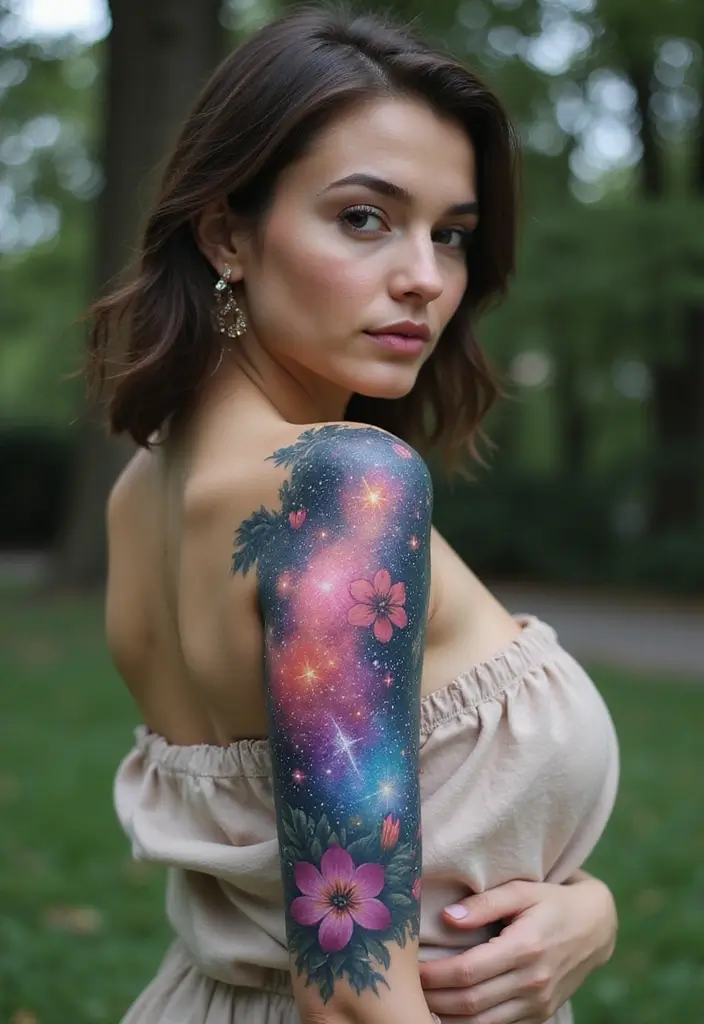 29+ Arm Sleeve Tattoos For Women: Trendy & Bold Ideas - 17. Floral Galaxy Sleeve