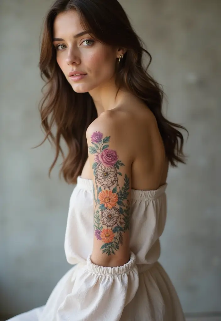29+ Arm Sleeve Tattoos For Women: Trendy & Bold Ideas - 20. Floral Dreamcatcher Sleeve