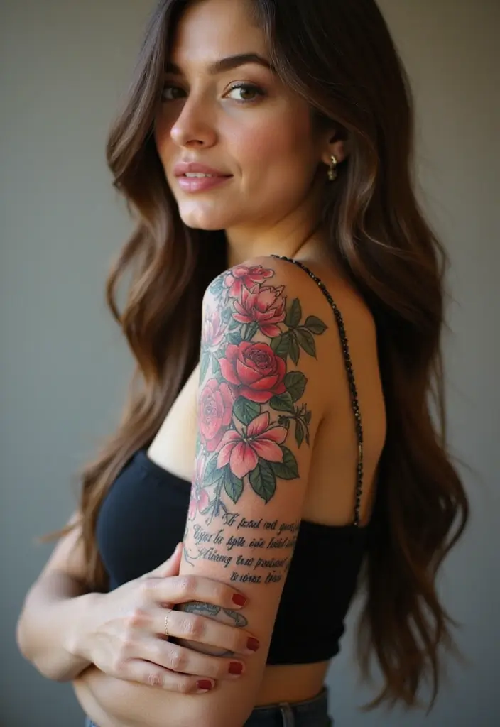 29+ Arm Sleeve Tattoos For Women: Trendy & Bold Ideas - 21. Floral Tattoo with Meaningful Quotes
