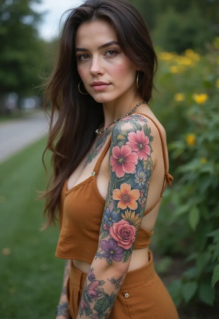 29+ Arm Sleeve Tattoos For Women: Trendy & Bold Ideas - 23. Artistic Floral Collage