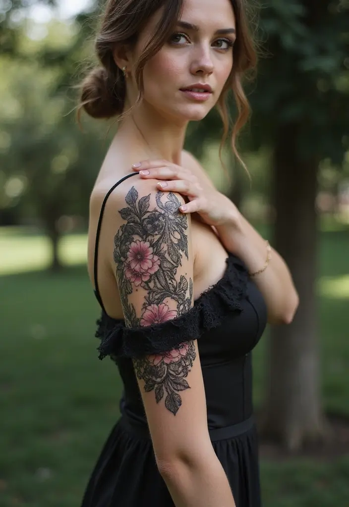 29+ Arm Sleeve Tattoos For Women: Trendy & Bold Ideas - 24. Floral Lace Overlay