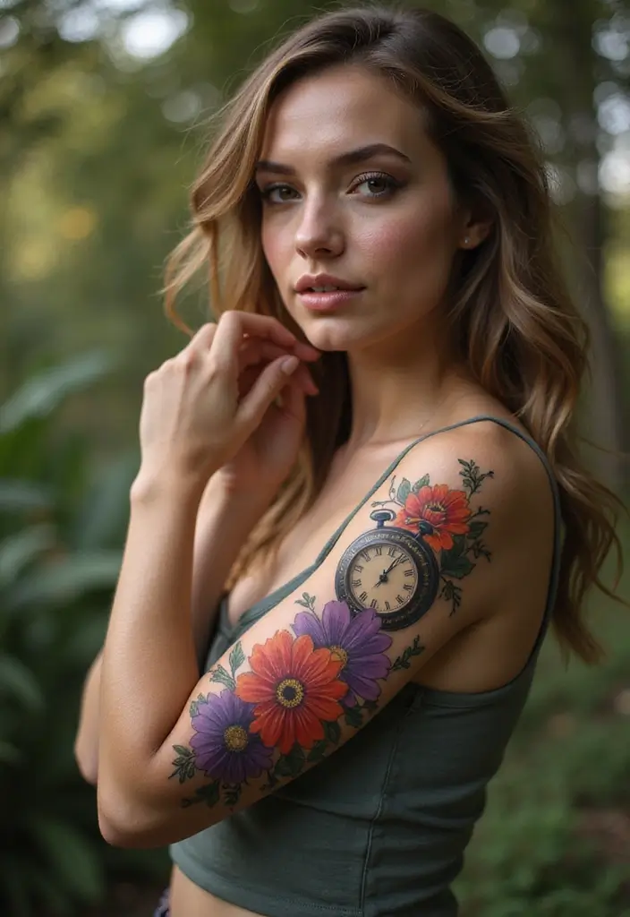 29+ Arm Sleeve Tattoos For Women: Trendy & Bold Ideas - 25. Floral Clock Tattoo