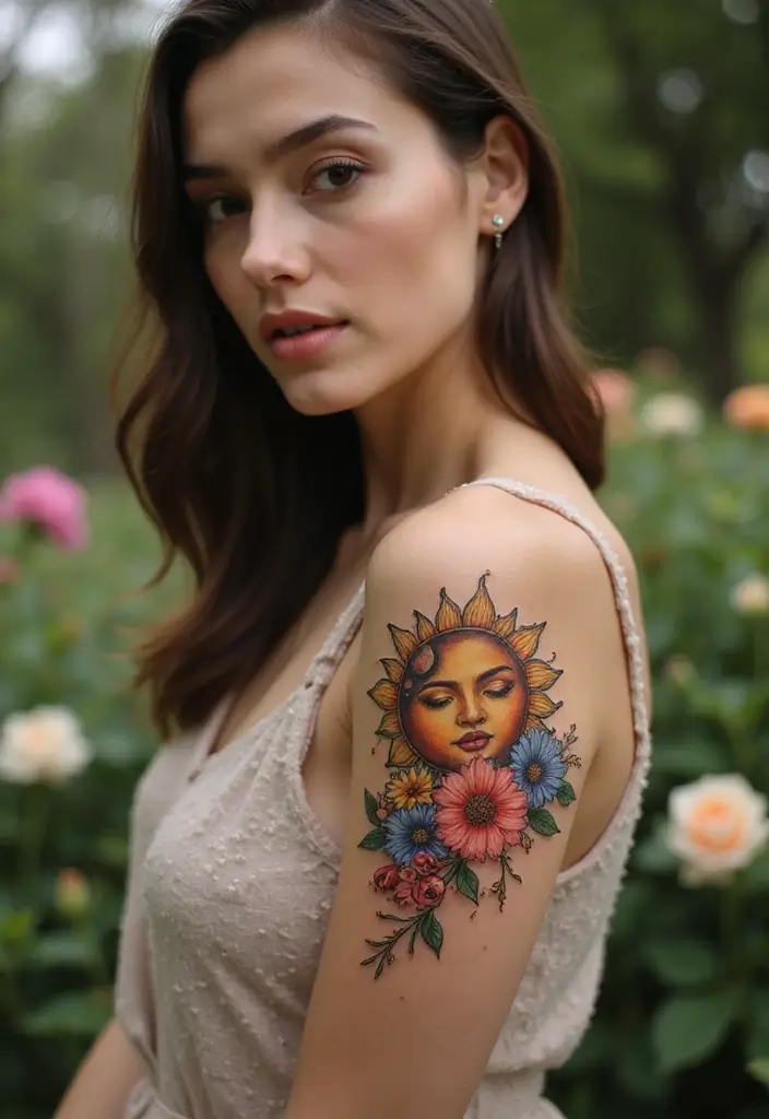 29+ Arm Sleeve Tattoos For Women: Trendy & Bold Ideas - 28. Floral Sun and Moon Tattoo