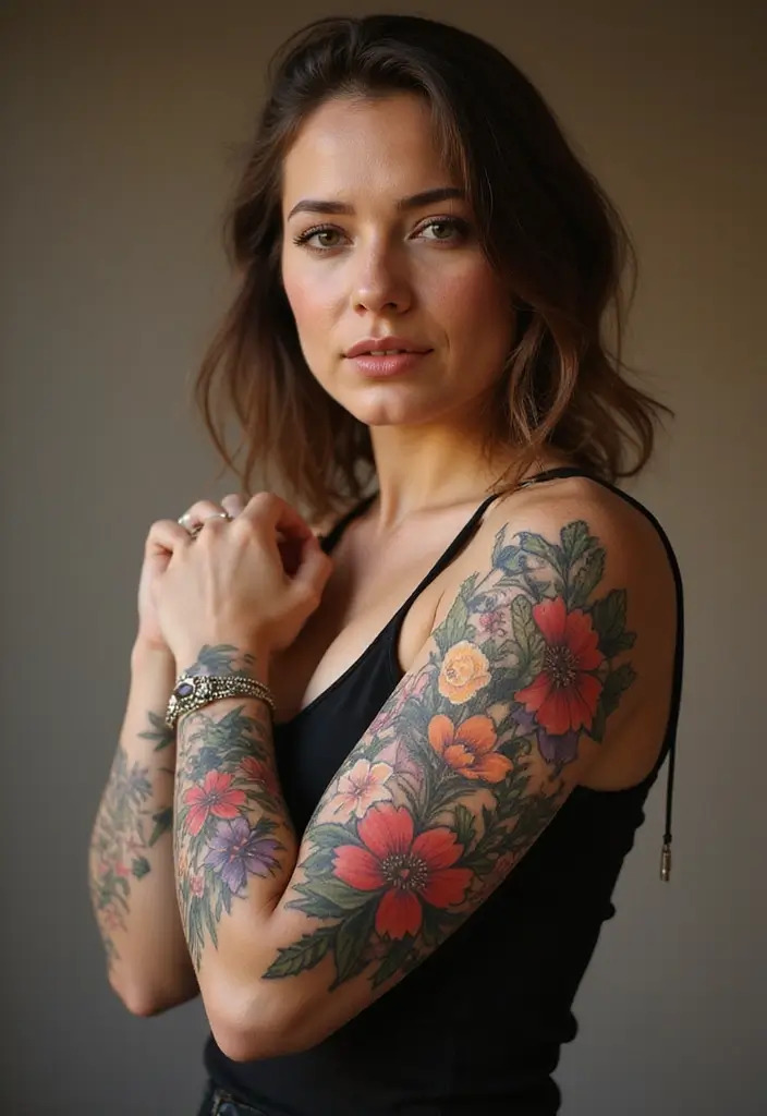 29+ Arm Sleeve Tattoos For Women: Trendy & Bold Ideas - 29. Floral Mosaic Sleeve