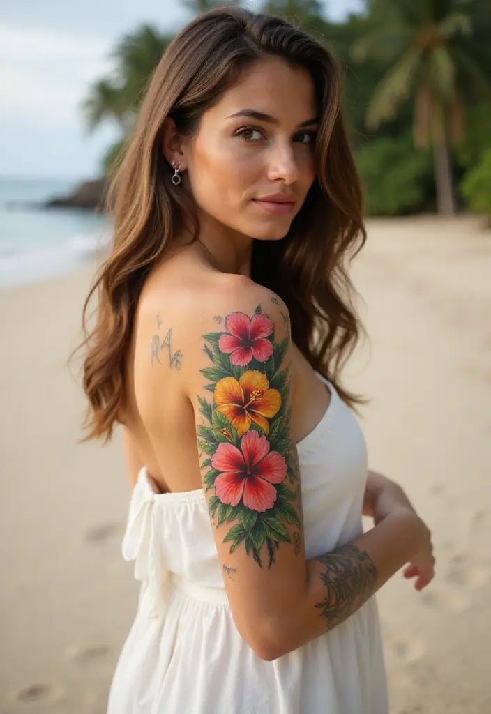 29+ Arm Sleeve Tattoos For Women: Trendy & Bold Ideas - 7. Tropical Floral Sleeve