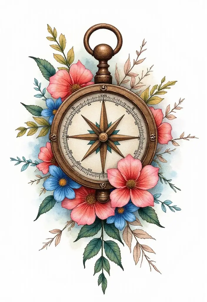 30+ Tattoos For Women Flowers: Feminine & Beautiful Floral Designs - 13. Floral Compass