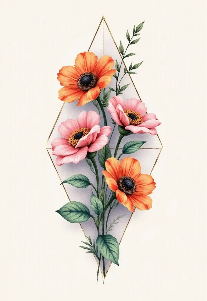30+ Tattoos For Women Flowers: Feminine & Beautiful Floral Designs - 20. Floral Geometric Artwork