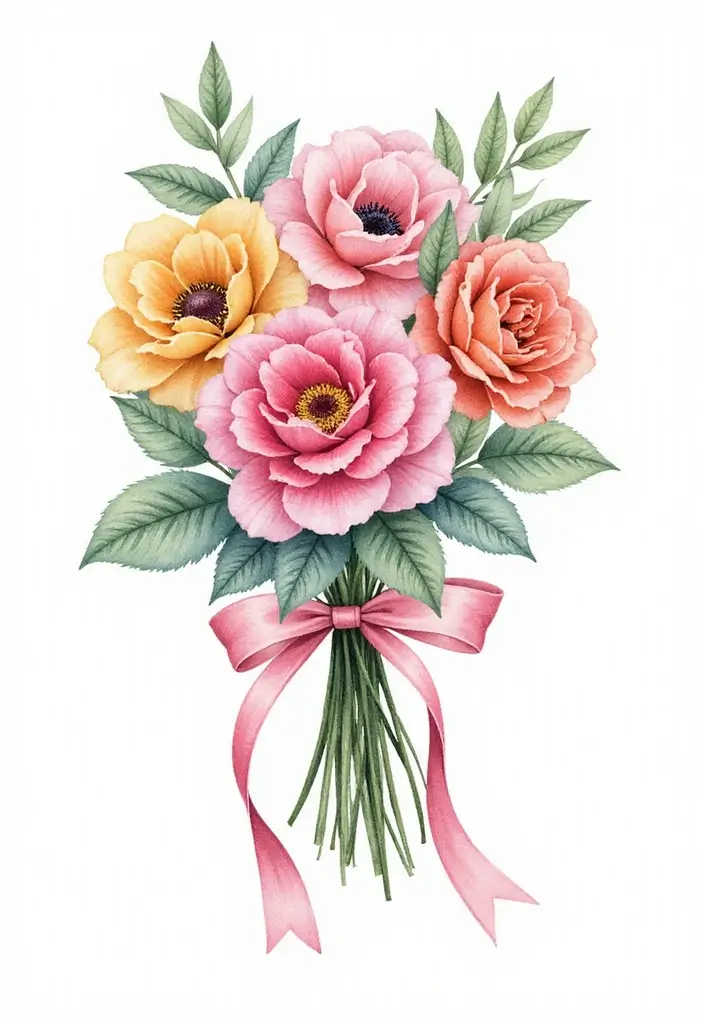 30+ Tattoos For Women Flowers: Feminine & Beautiful Floral Designs - 23. Floral Bouquet with Ribbon