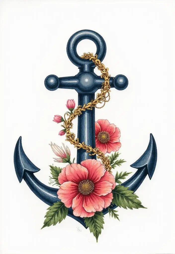 30+ Tattoos For Women Flowers: Feminine & Beautiful Floral Designs - 26. Floral Anchor