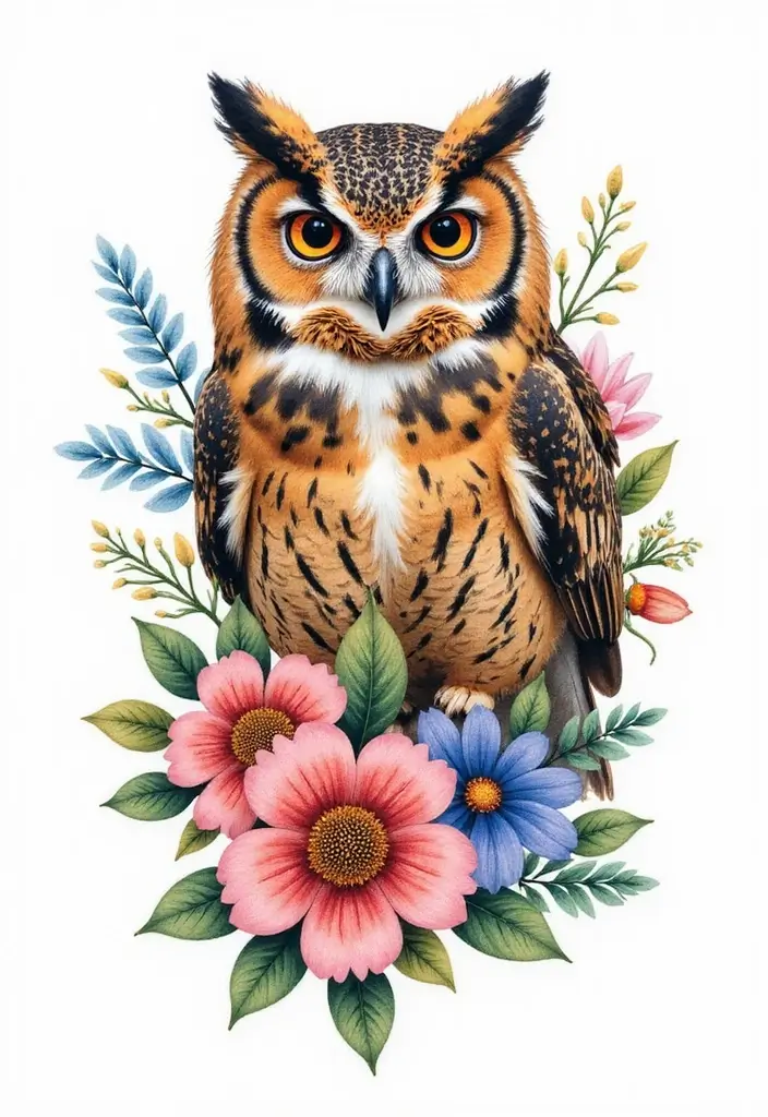 30+ Tattoos For Women Flowers: Feminine & Beautiful Floral Designs - 27. Floral Watercolor Owl
