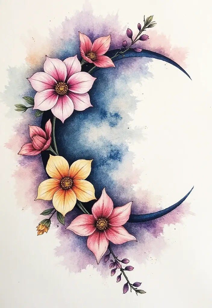 30+ Tattoos For Women Flowers: Feminine & Beautiful Floral Designs - 28. Floral Moon Phases