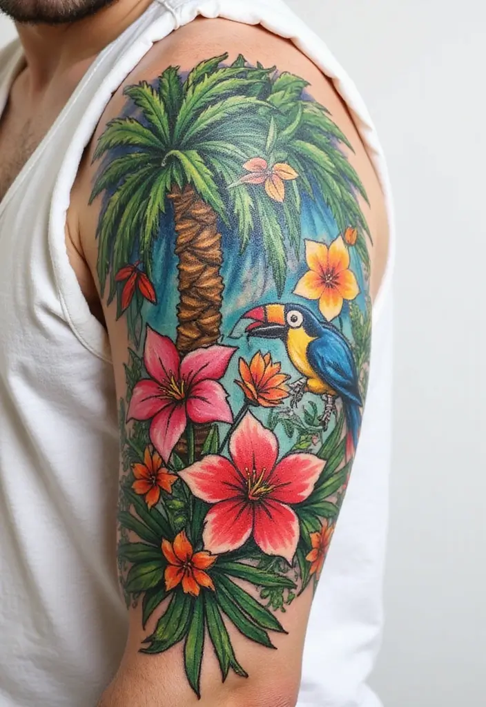 31+ Tattoos For Women Half Sleeve: Stunning Artistic Concepts - 15. Tropical Paradise