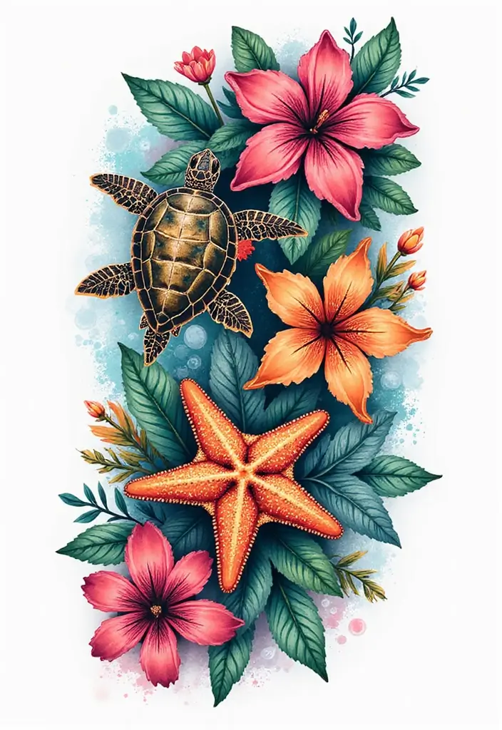 31+ Tattoos For Women Half Sleeve: Stunning Artistic Concepts - 20. Sea Life Flowers