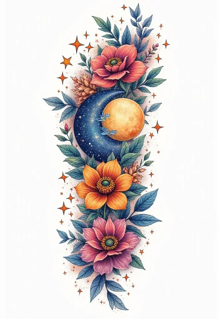 31+ Tattoos For Women Half Sleeve: Stunning Artistic Concepts - 8. Celestial Blooms