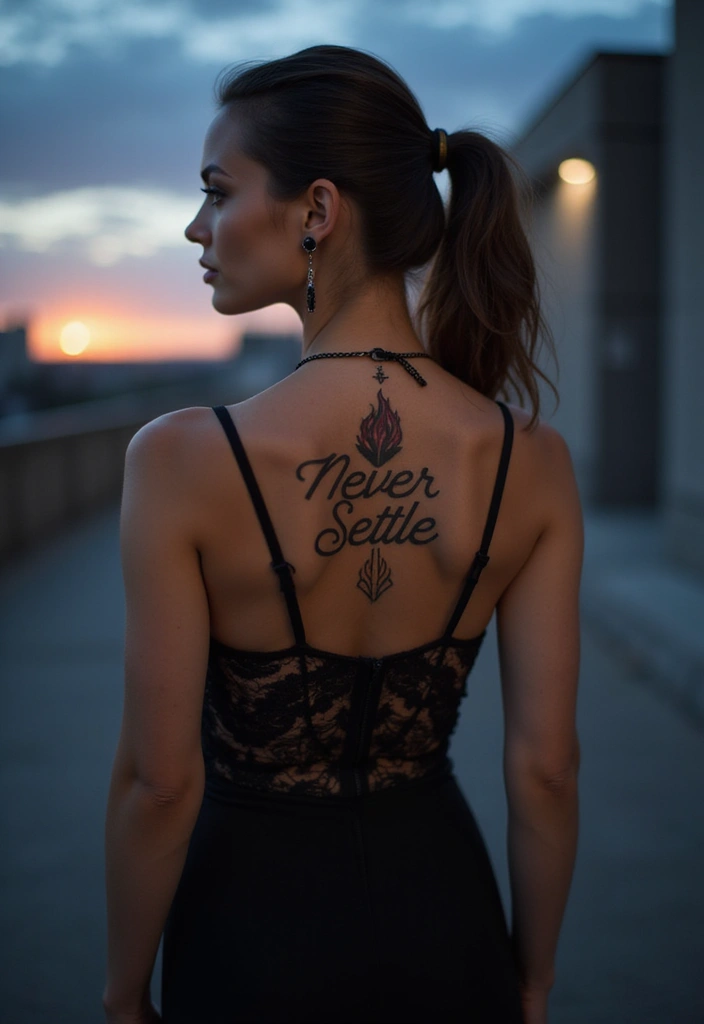 32+ Spine Tattoos For Women Quotes: Meaningful Lines For Your Back - 30. 'Never Settle'
